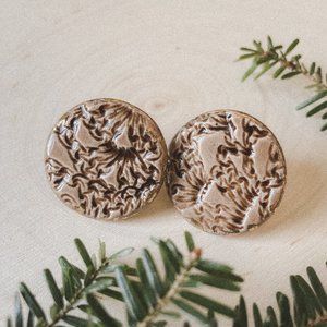 Vintage Handmade Textured Design Light Brown Glazed Ceramic Round Disc Earrings